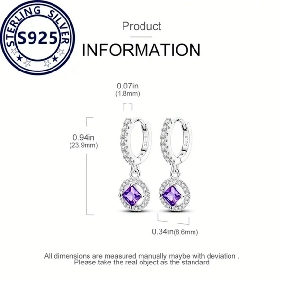 925 Sterling Silver Drop Paved Purple Zirconia Hypoallergenic Earrings - New - Picture 4 of 5